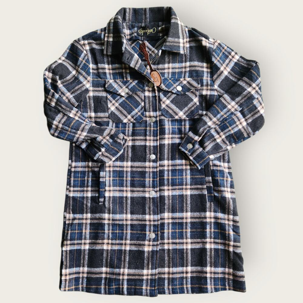 Spoon Jeans Flannel Button Down Womens Sz M Shirt Dress Tunic Plaid Casual